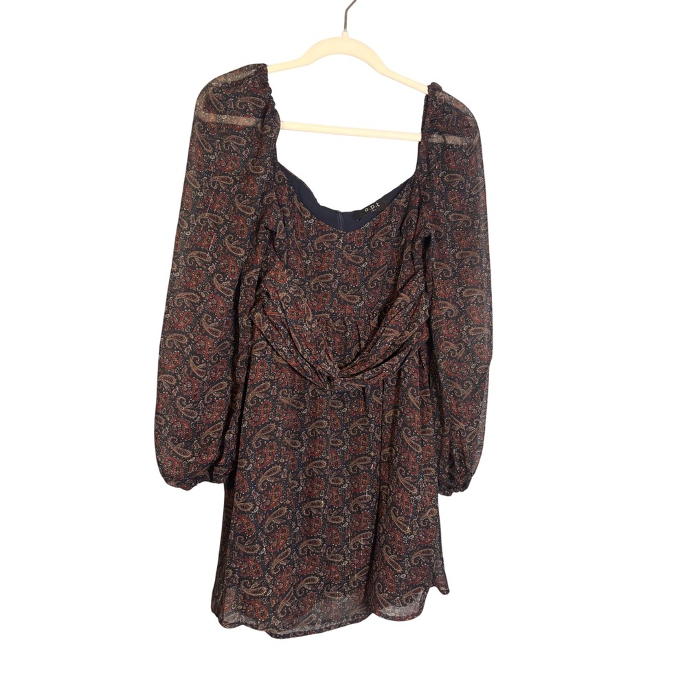 o.p.t. Paisley Chiffon Mini Dress Navy Burgundy Gold Metallic Twist Waist Medium